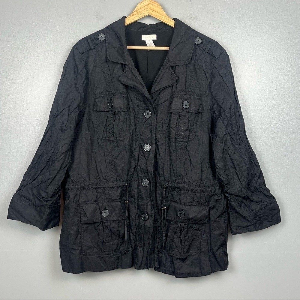 Chicos Women's black crinkle utility 3/4 sleeve button front jacket, XL.